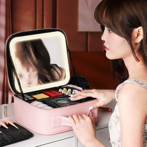 Portable Make up Organizer Storage Box With Led Light and Mirror