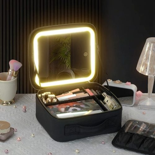 Portable Make up Organizer Storage Box With Led Light and Mirror (Black Color)