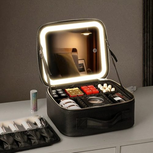 Portable Make up Organizer Storage Box With Led Light and Mirror (Black Color)
